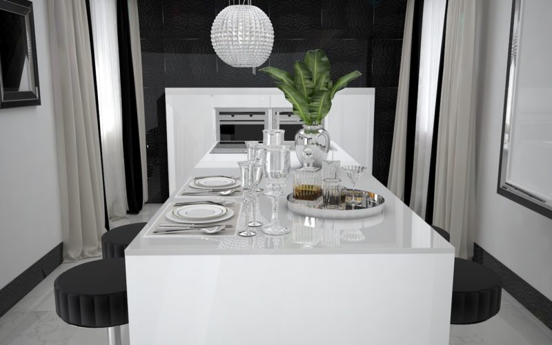 Kuchnia w domu w stylu Art Deco, meble białe w wysokim połysku, panele na ścianach z jasnej tkaniny i czarnego forniru w wysokim połysku, dekoracyjny wyspowy okap, blat z białego kwarcytu