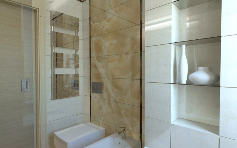 Łazienka w stylu Art Deco w kolorach ziemi, okładzina na ścianach i podłodze z crema marfil i alabastru