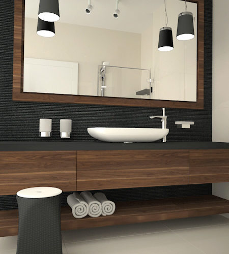 Łazienka w stylu Industrialnym, kolor antracytowy na strukturalnym tynku, dodatki z drewna orzech amerykański
