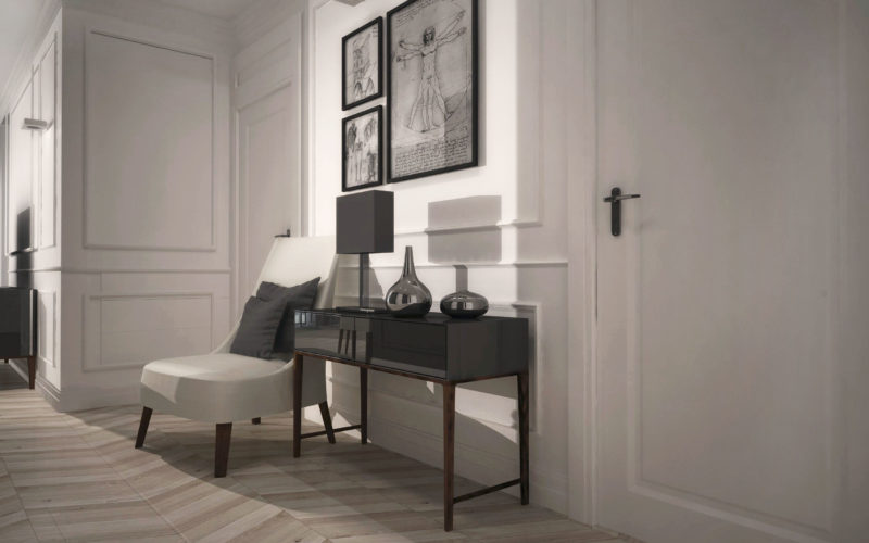 Przedpokój w stylu Modern Classic, sztukateria na ścianach, podłoga jodełka białkowana dębowa, klasyczne białe drzwi z panelem, konsola dekoracyjna z fotelem