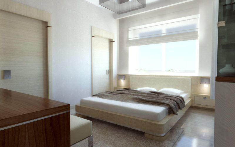 Sypialnia w stylu Art Deco w kolorach ziemi, meble i drzwi w wysokim połysku z forniru brzoza