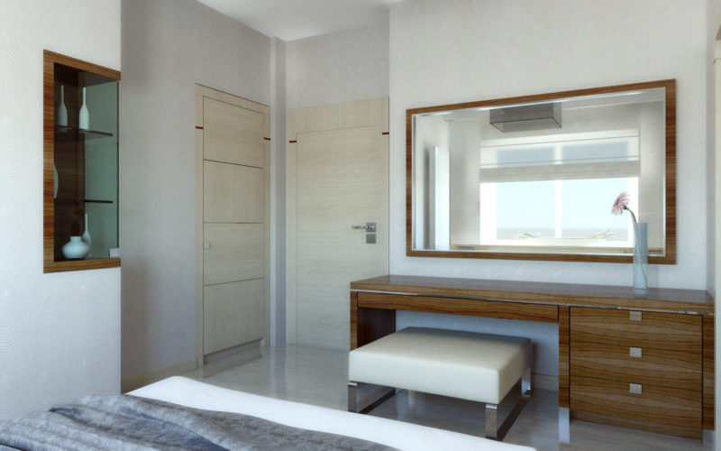 Sypialnia w stylu Art Deco w kolorach ziemi, toaletka w wysokim połysku z orzecha amerykańskiego