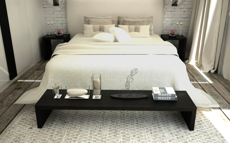 Sypialnia w stylu Industrialnym, biała rustykalna cegła na ścianach, ozdobna, rustykalna deska na podłodze, czarne dodatki