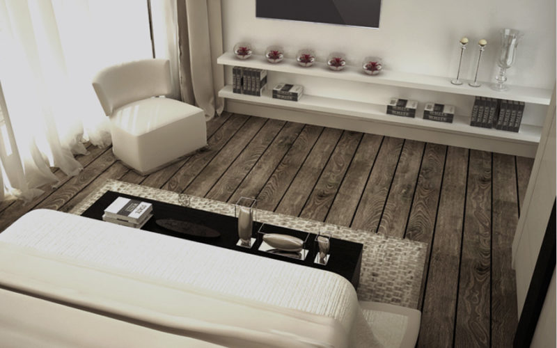 Sypialnia w stylu Industrialnym, ozdobna, rustykalna deska na podłodze