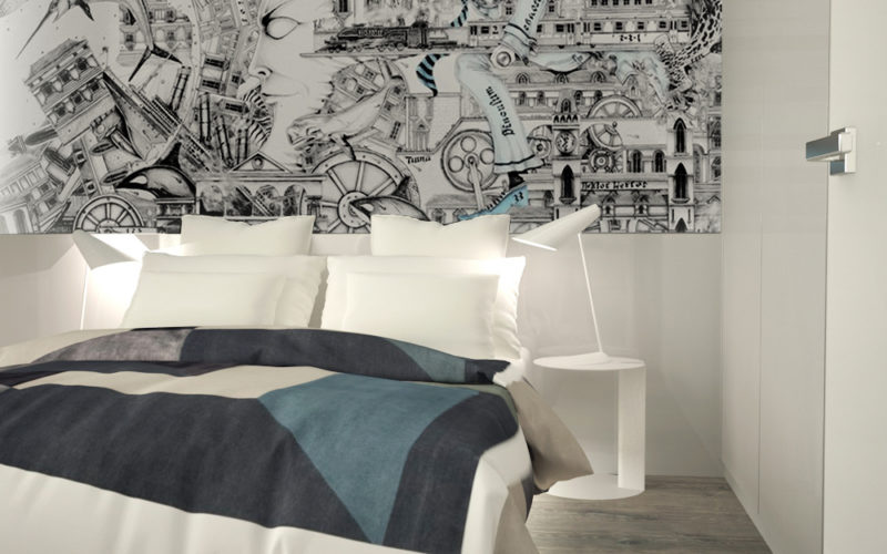 Sypialnia w stylu Loftowym Glamour, szeroka białkowana dębowa deska, grafika na ścianie, białe ściany, białe meble, paczworkowe dodatki