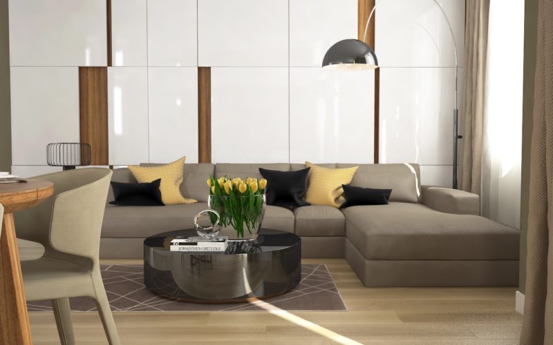 Wnętrze salonu w stylu minimalistycznym, panele na ścianach w wysokim połysku i elementami drewna teakowego