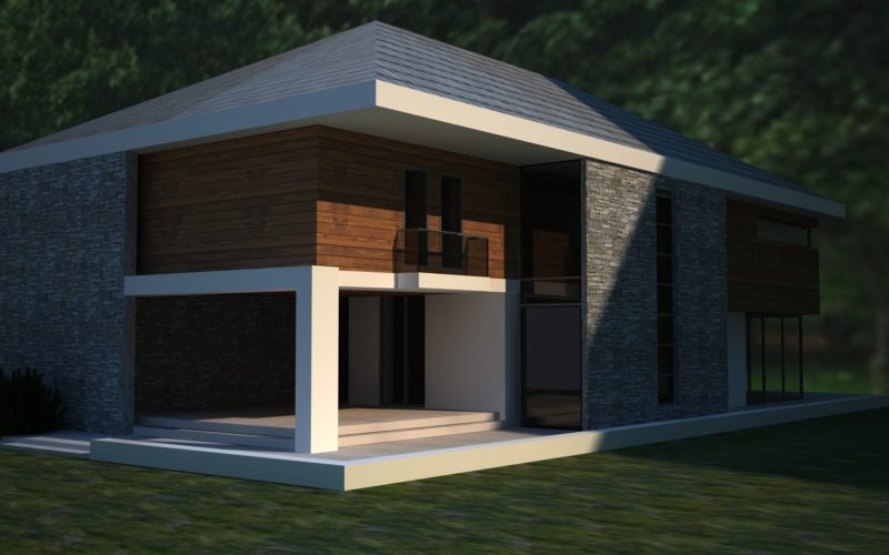 Elewacja domu z paneli drewnianych, naturalny kamień, duże przeszklenia ze stolarki aluminiowej, zadaszony duży taras
