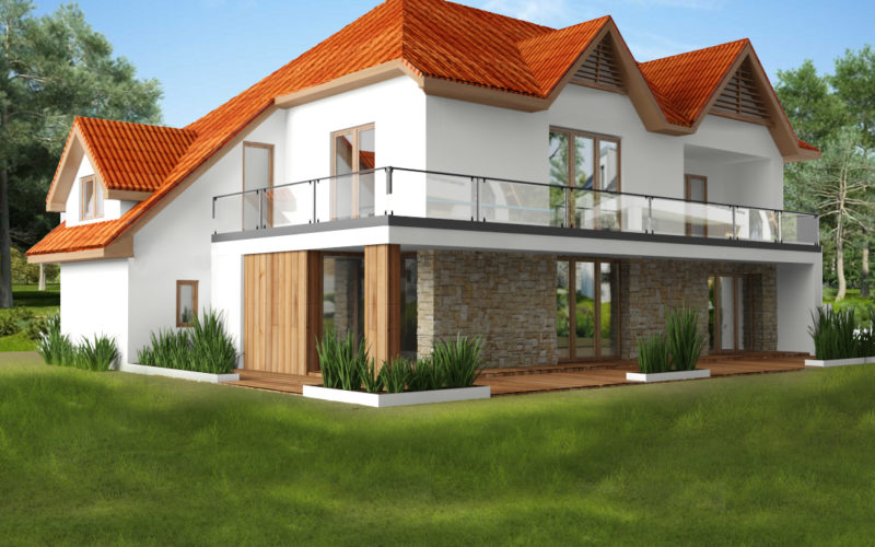 Rewitalizacja domu duży taras, balustrada szklana, kamień naturalny, drewno naturalne na elewacji i tarasach