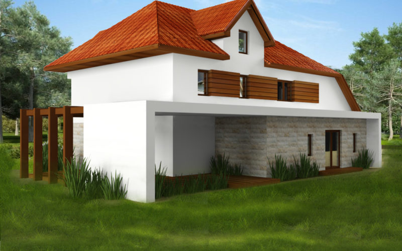 Rewitalizacja domu, naturalny kamień na elewacji, panele drewniane, altanka drewniana