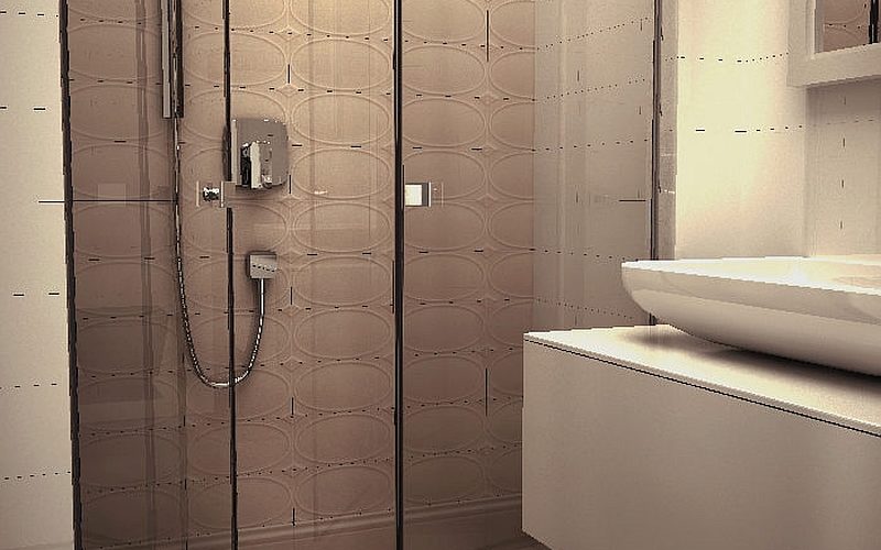 Łazienka w stylu Modern Classic, wypalane kafle na ścianach, ozdobna mozaika na podłodze, duża przeszklona kabina prysznicowa