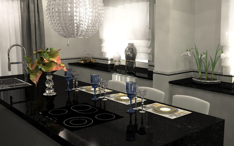 Kuchnia w stylu Modern Classic, wyspa na środku kuchni z czarnego granitu, dekoracyjny kryształowy okap, dekoracyjne panele ścienne w wysokim połysku przedzielone czarnym paskiem