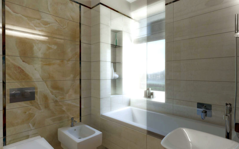 Łazienka w stylu Art Deco w kolorach ziemi, okładzina na ścianach i podłodze z crema marfil i alabastru, dodatki z chromu
