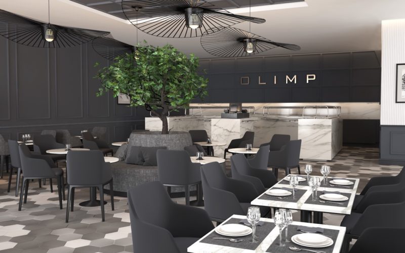 Restauracja Olimp w budynku Graffit, Warszawa w stylu Modern Classic, ozdobne klasyczne panele na ścianach w kolorze antracytowym, ciąg wydawczy z bianco carrara