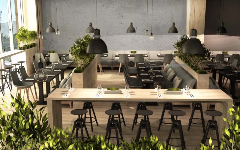 Restauracja Olimp w Budynku New City, Warszawa w stylu Eco Industrial, wydzielona boksy naturalnymi roślinami, beton na ścianach
