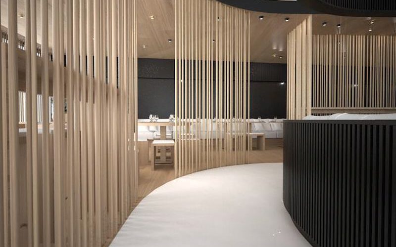 Restauracja Olimp w Budynku Proximo Warszawa w stylu nowoczesnym, przegrody ażurowe drewniane, wyspa z czrnego MDF-u, czarny i biały ażurowy sufit