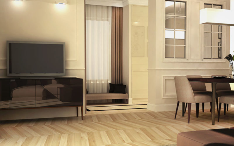 Salon, jadalnia w stylu Modern Classic, ozdobna sztukateria na ścianach i przy suficie, podłoga jodełka białkowana z jesionu, drewniane meble z orzechu amerykańskiego, szafki na wysoki połysk, witryna klasyczna z luster