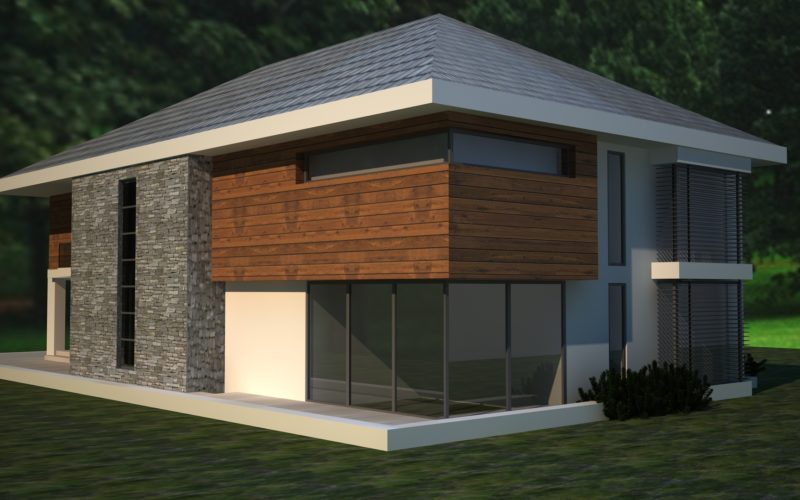 Elewacja domu z paneli drewnianych, stolarka aluminiowa, antracytowy naturalny kamień