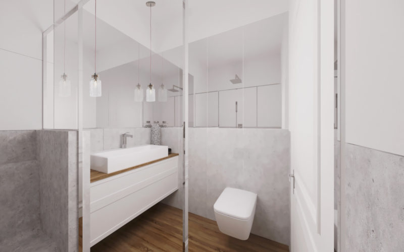 Łazienka w Stylu Modern Rustical z dużą ilość luster, drewnianą podłogę, siedzisko w kabinie prysznicowej