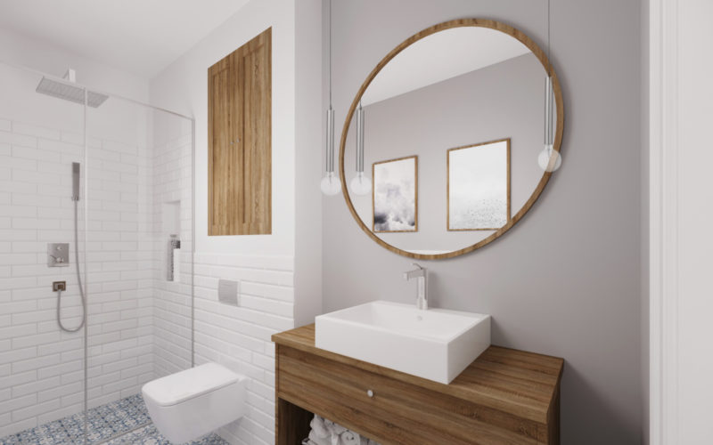 łazienka w Stylu Modern Rustical z elementami drewna, glazura w cegiełkę