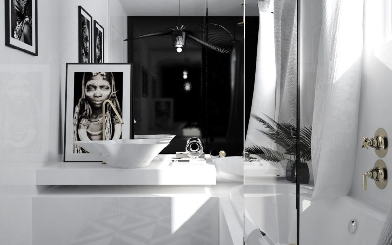 Łazienka w Stylu Nowoczesnym z motywami afrykańskimi w kolorze czarno-białym